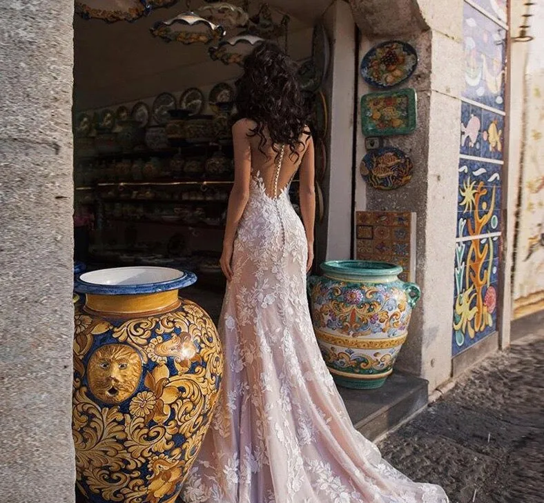 Mermaid Wedding Gowns Vestido De Novia Sirena See Through Crystal Up Back Lace Elegant Trumpet Bridal Dress Gelinlik