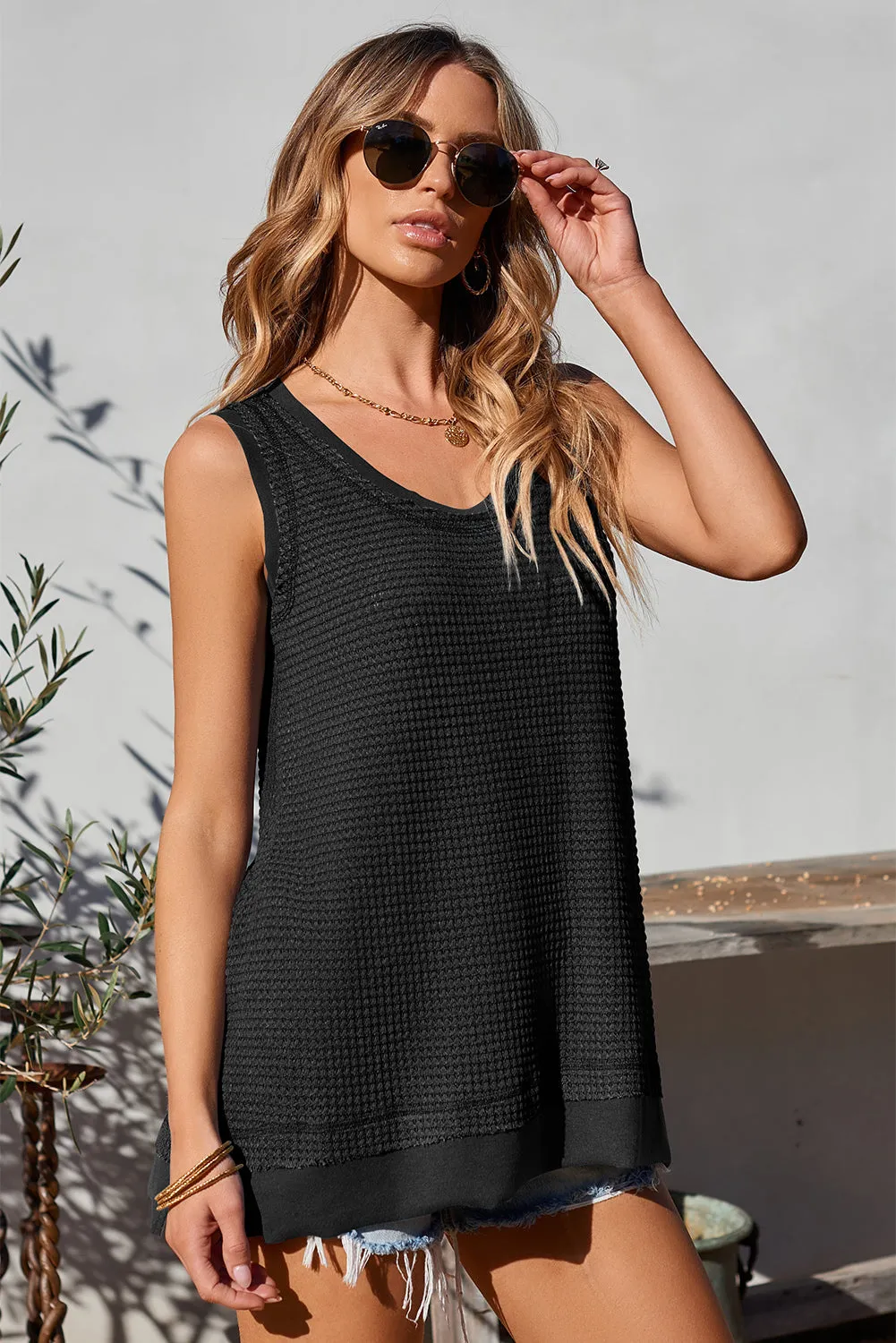 Merrick Waffle-Knit Wide Strap Tank