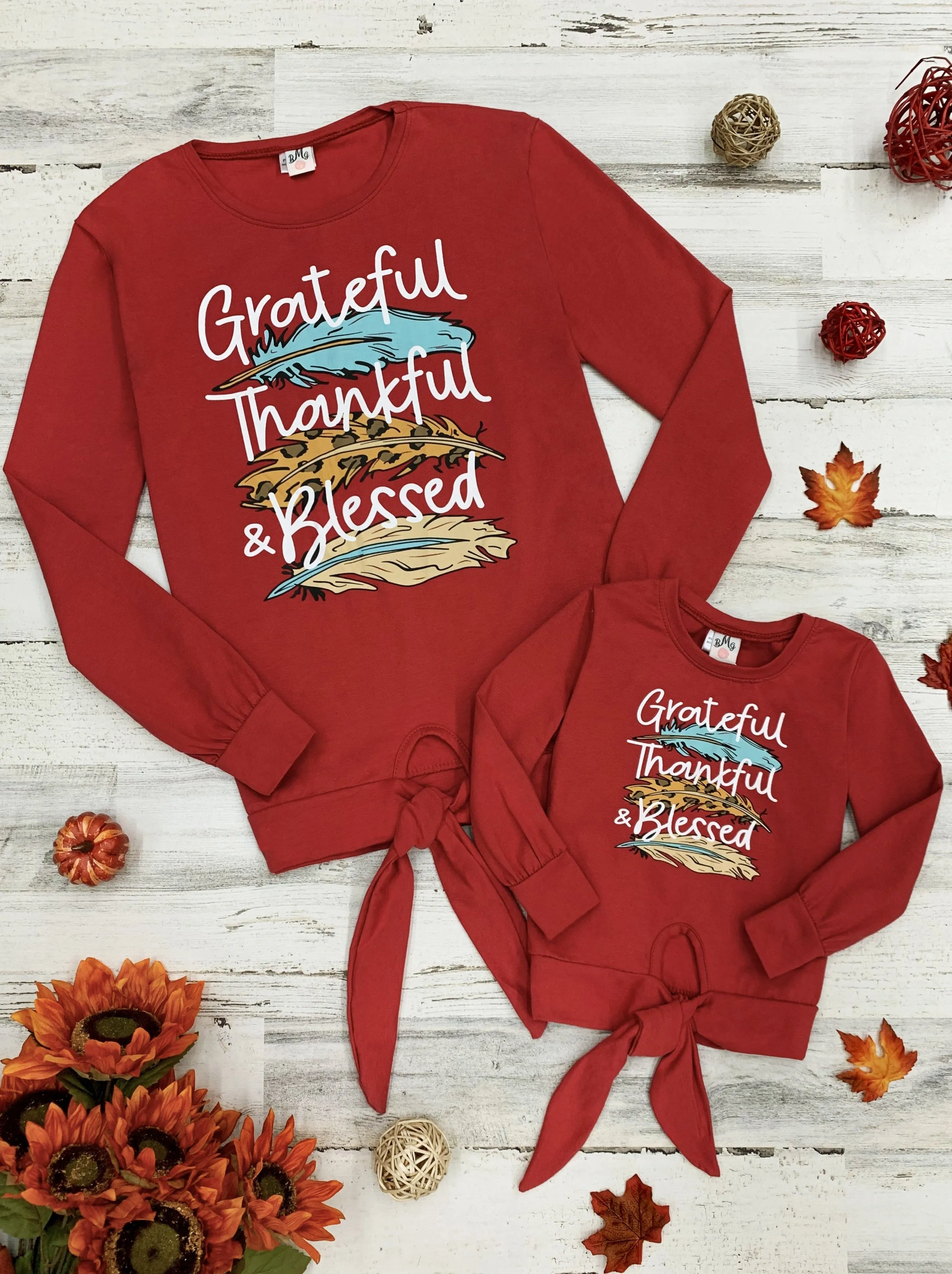 Mommy and Me Grateful, Thankful and Blessed Knot Hem Top