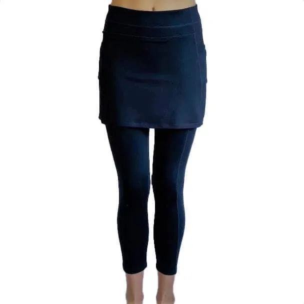 Navy Blue Mid-Calf Skirted Leggings with Pockets
