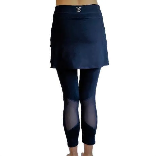 Navy Blue Mid-Calf Skirted Leggings with Pockets