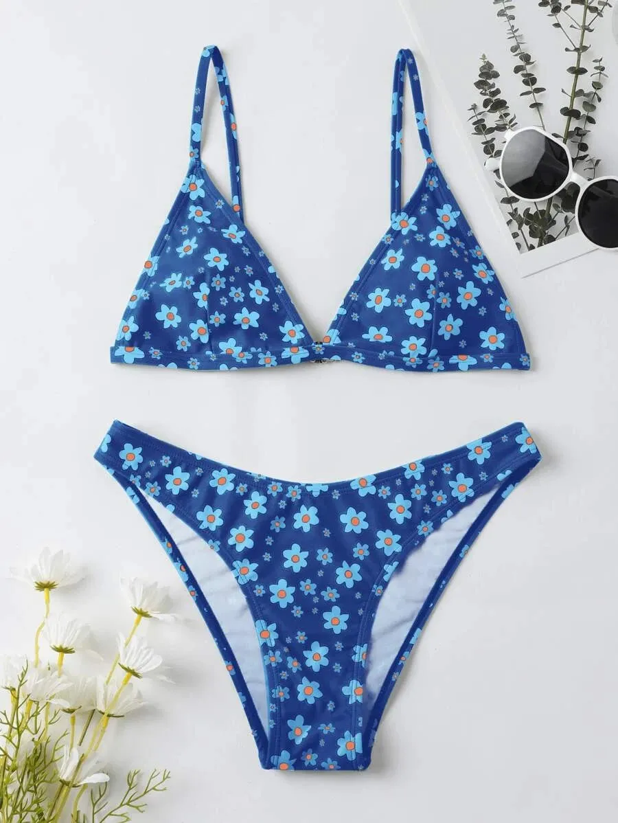 New Shein Random Floral Print Triangle Bikini Swimsuit, Sz XS