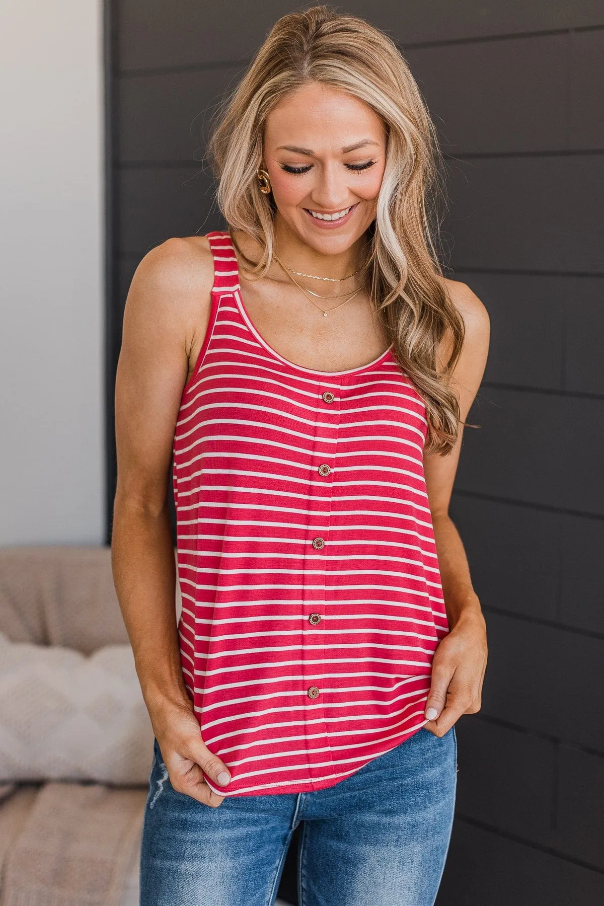 No Matter What Striped Button Tank Top- Coral