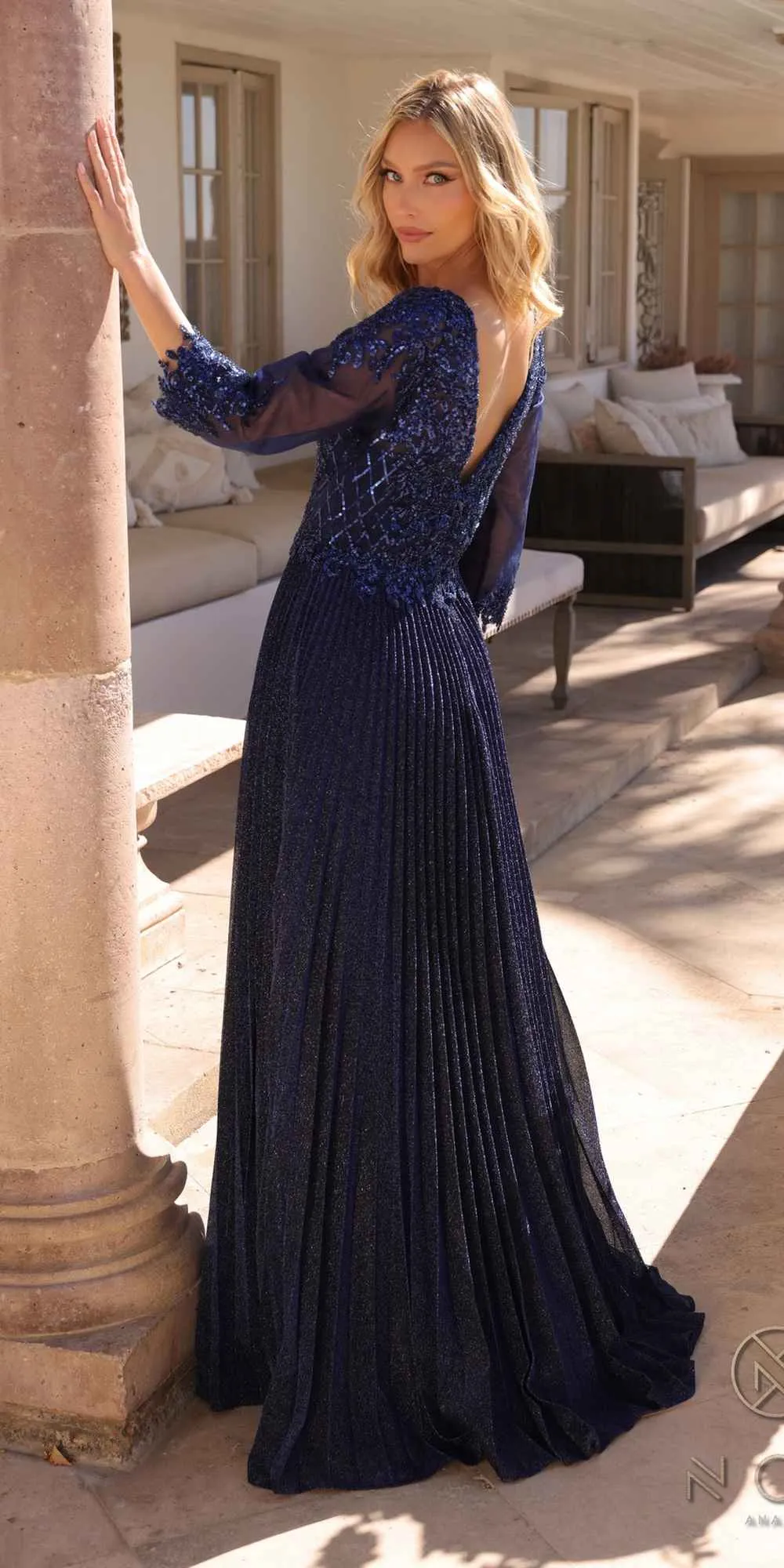 Nox Anabel MF102 Long Applique 3/4 Sleeve Pleated A-line Glitter Gown
