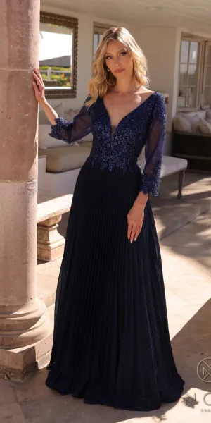 Nox Anabel MF102 Long Applique 3/4 Sleeve Pleated A-line Glitter Gown