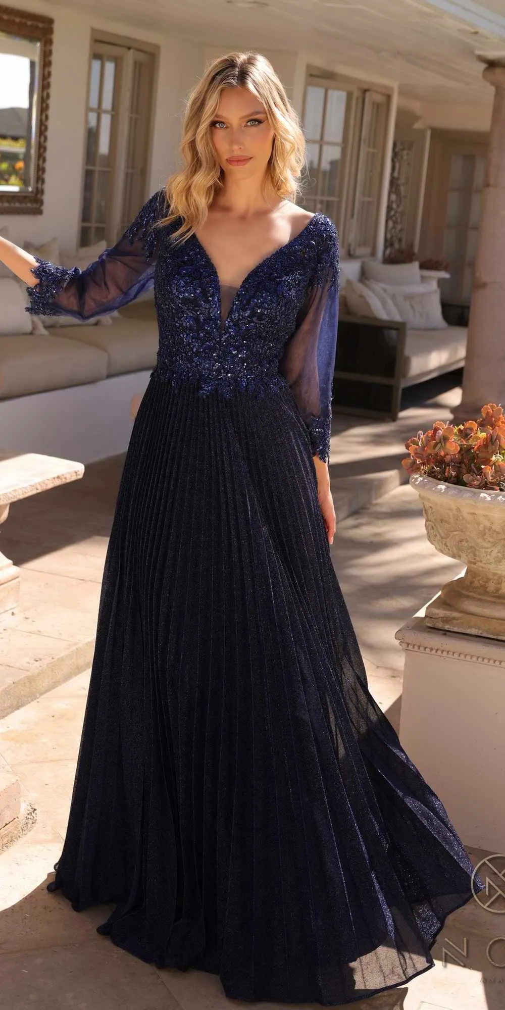 Nox Anabel MF102 Long Applique 3/4 Sleeve Pleated A-line Glitter Gown
