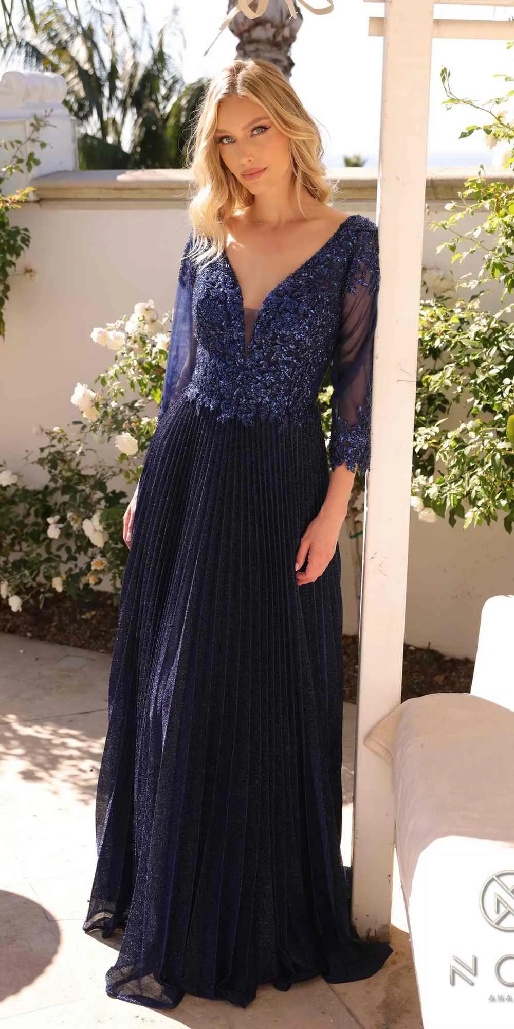 Nox Anabel MF102 Long Applique 3/4 Sleeve Pleated A-line Glitter Gown
