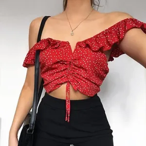 OOTN Tank Tops Women Summer 2018 Polka Dot Tunic Crop Top Female Off Shoulder Short Hot Top Tie Red Ruffle Camis Sleeveless Sexy