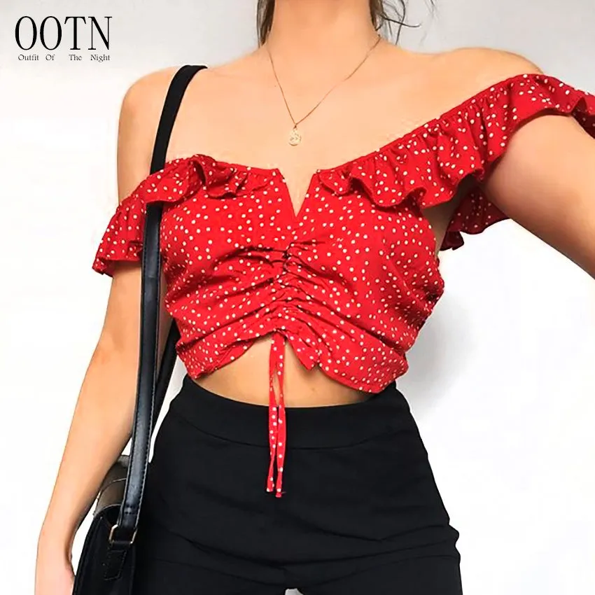 OOTN Tank Tops Women Summer 2018 Polka Dot Tunic Crop Top Female Off Shoulder Short Hot Top Tie Red Ruffle Camis Sleeveless Sexy