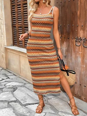 Perfee Side Slit Contrast Sleeveless Midi Tank Dress