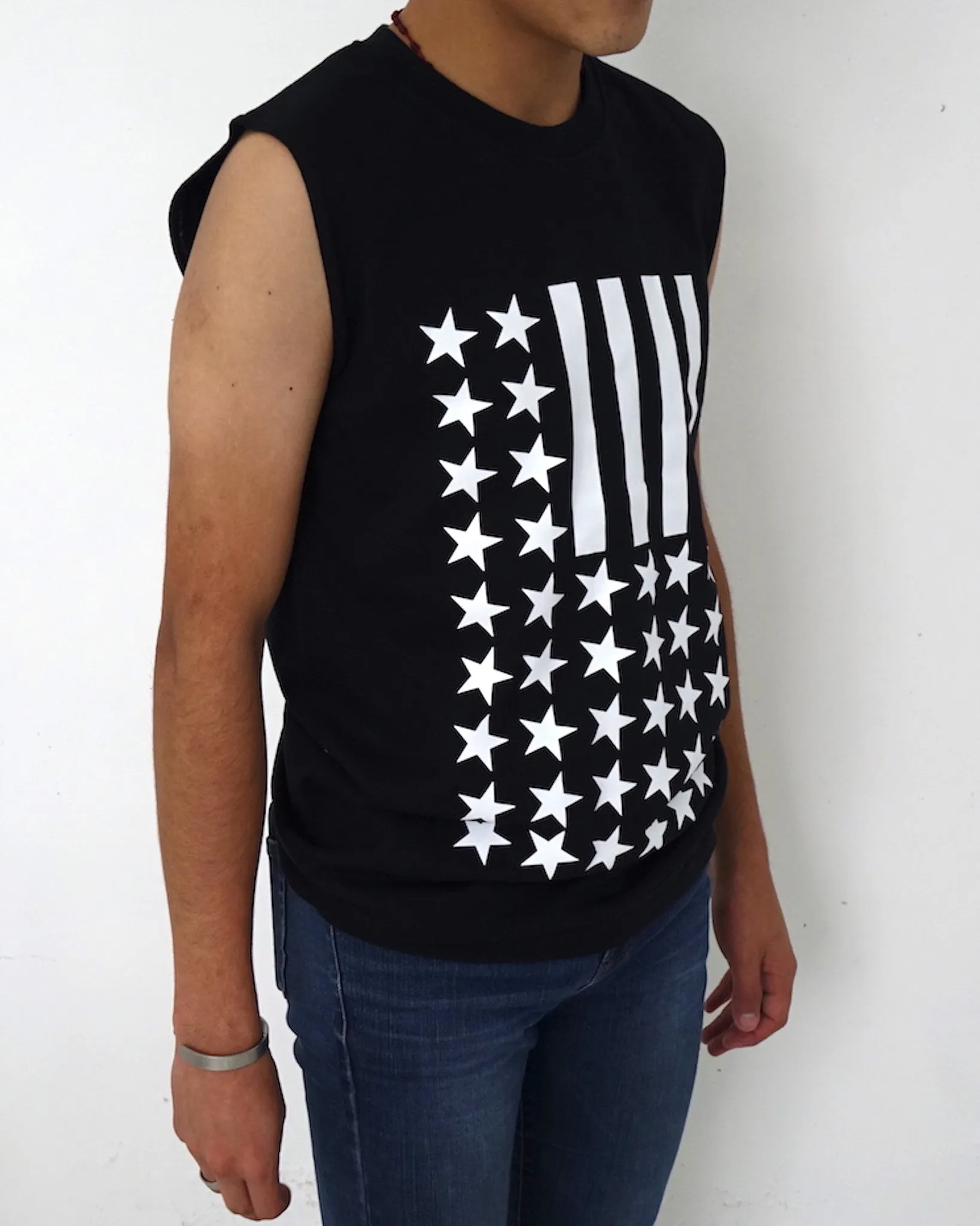 Playera sin Mangas Tank Top Stars Stripes Barras Estrellas Negra iconoclast by VOGUETI