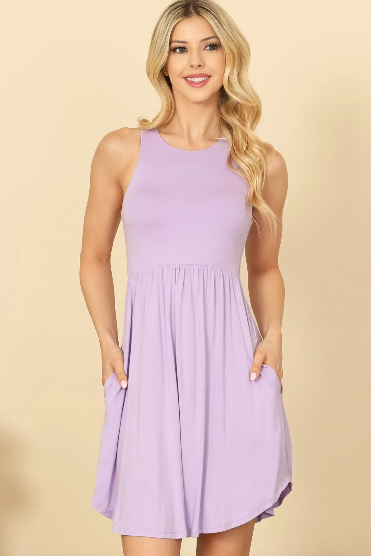 PLEATED WAIST SIDE POCKET CURVE HEM MINI TANK DRESS