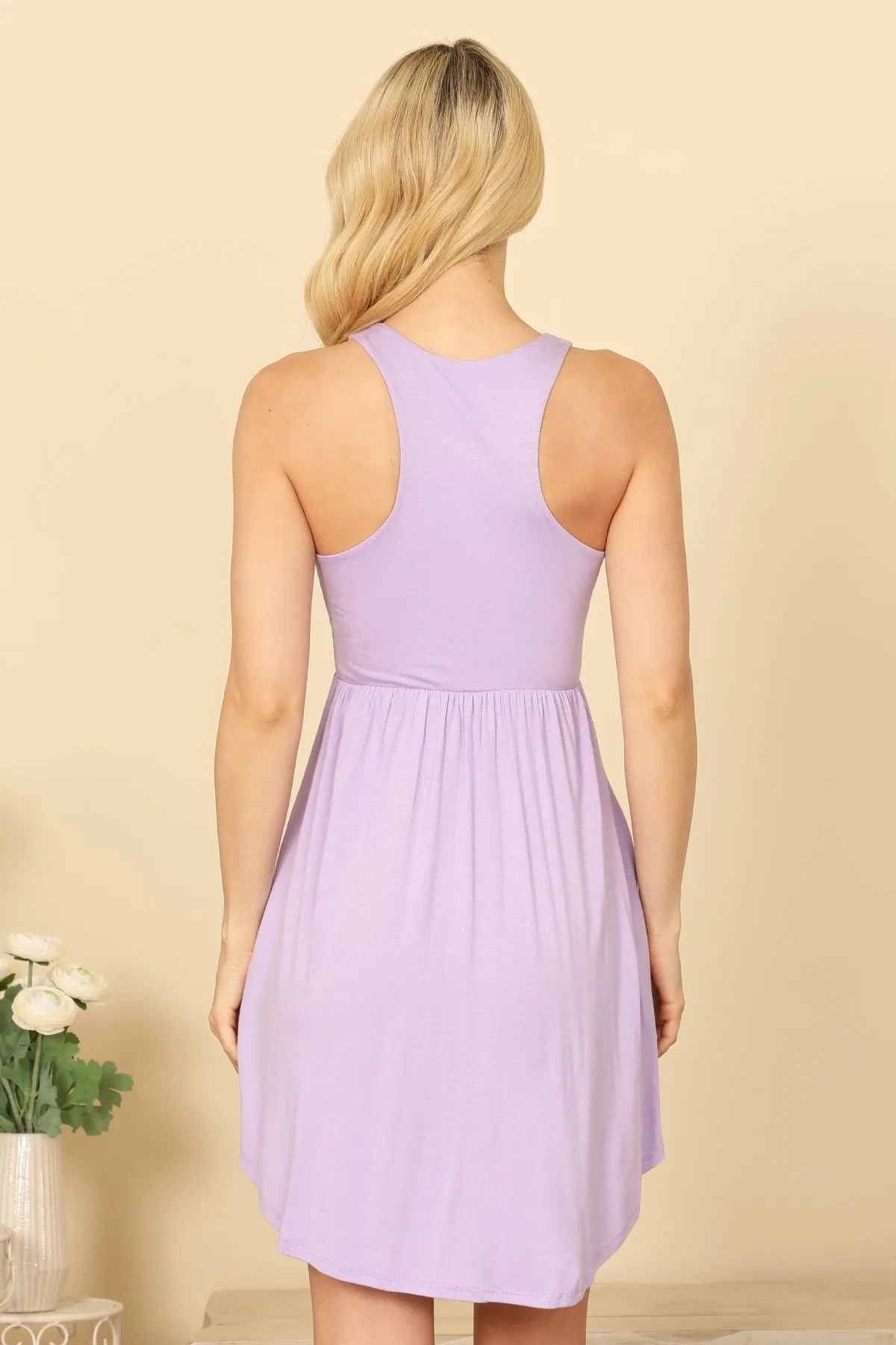 PLEATED WAIST SIDE POCKET CURVE HEM MINI TANK DRESS