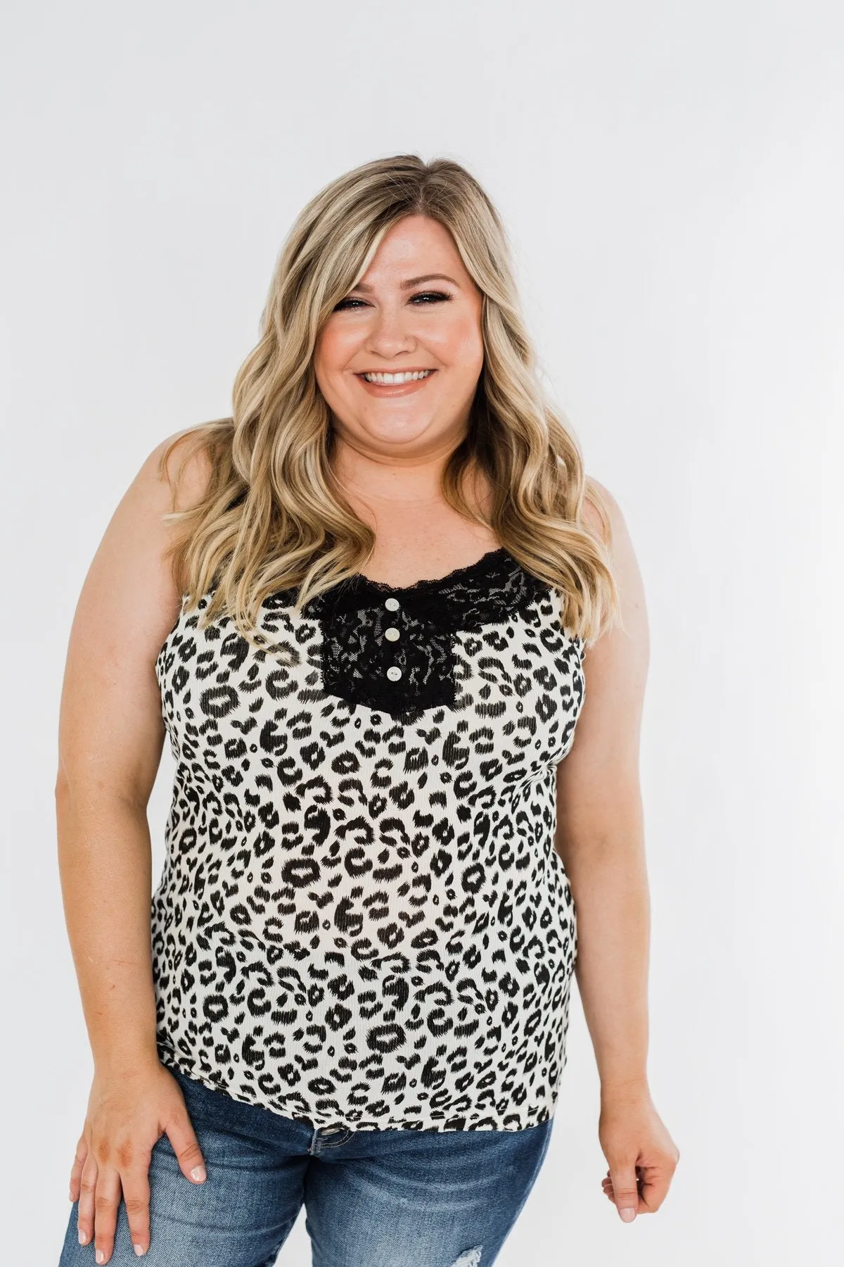Pulse Basics Lace Trim Button Tank- Ivory Leopard