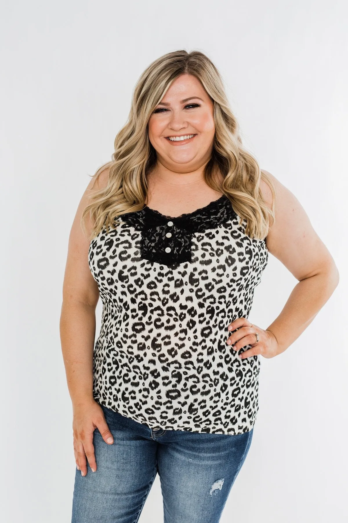 Pulse Basics Lace Trim Button Tank- Ivory Leopard