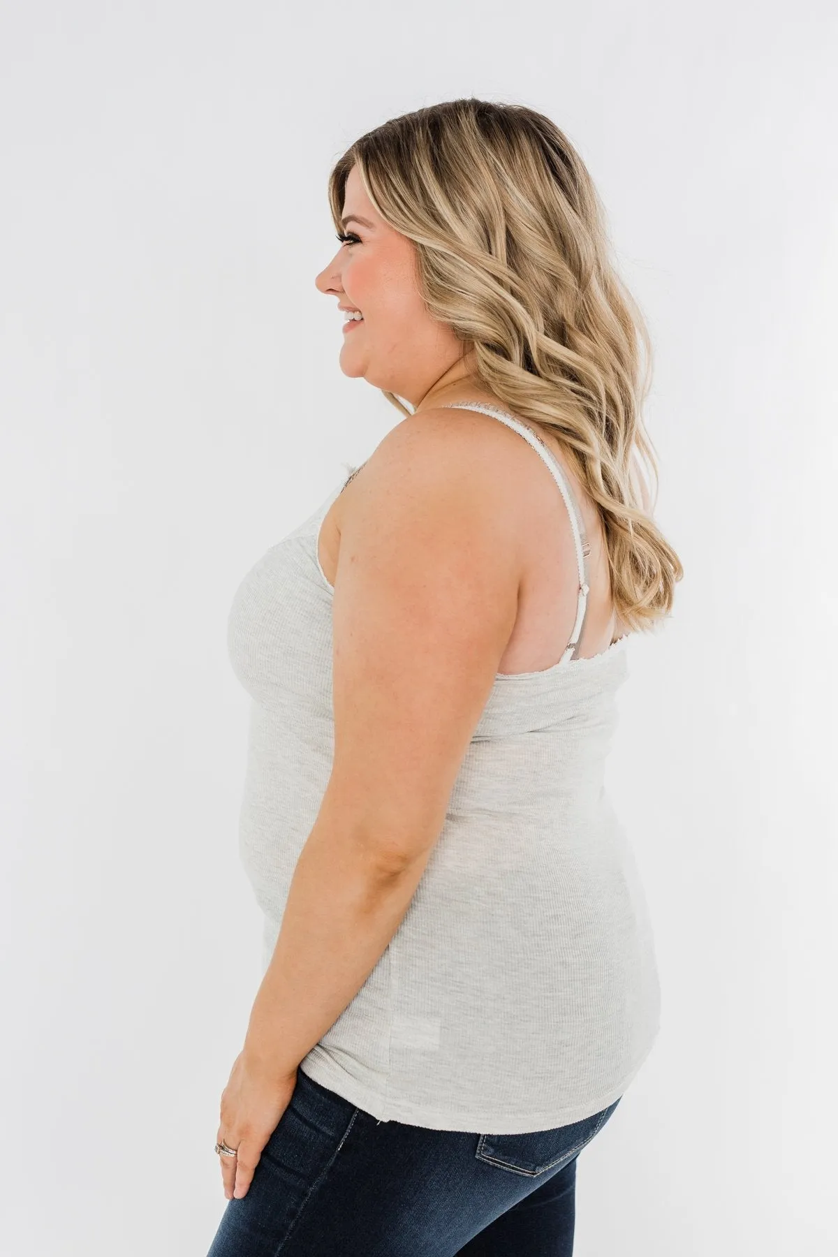 Pulse Basics Lace Trim Button Tank- Light Heather Grey