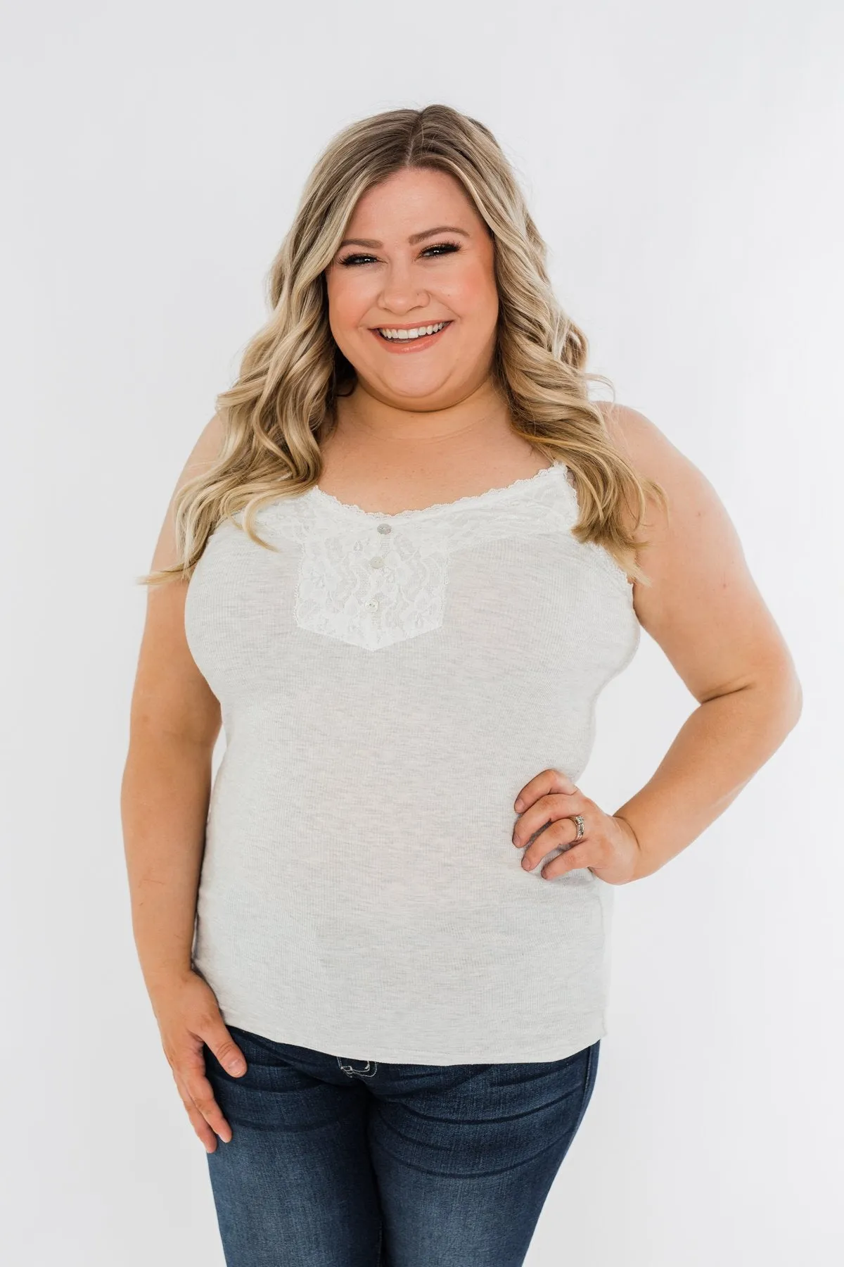Pulse Basics Lace Trim Button Tank- Light Heather Grey