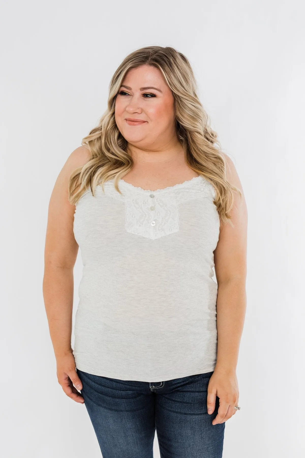 Pulse Basics Lace Trim Button Tank- Light Heather Grey