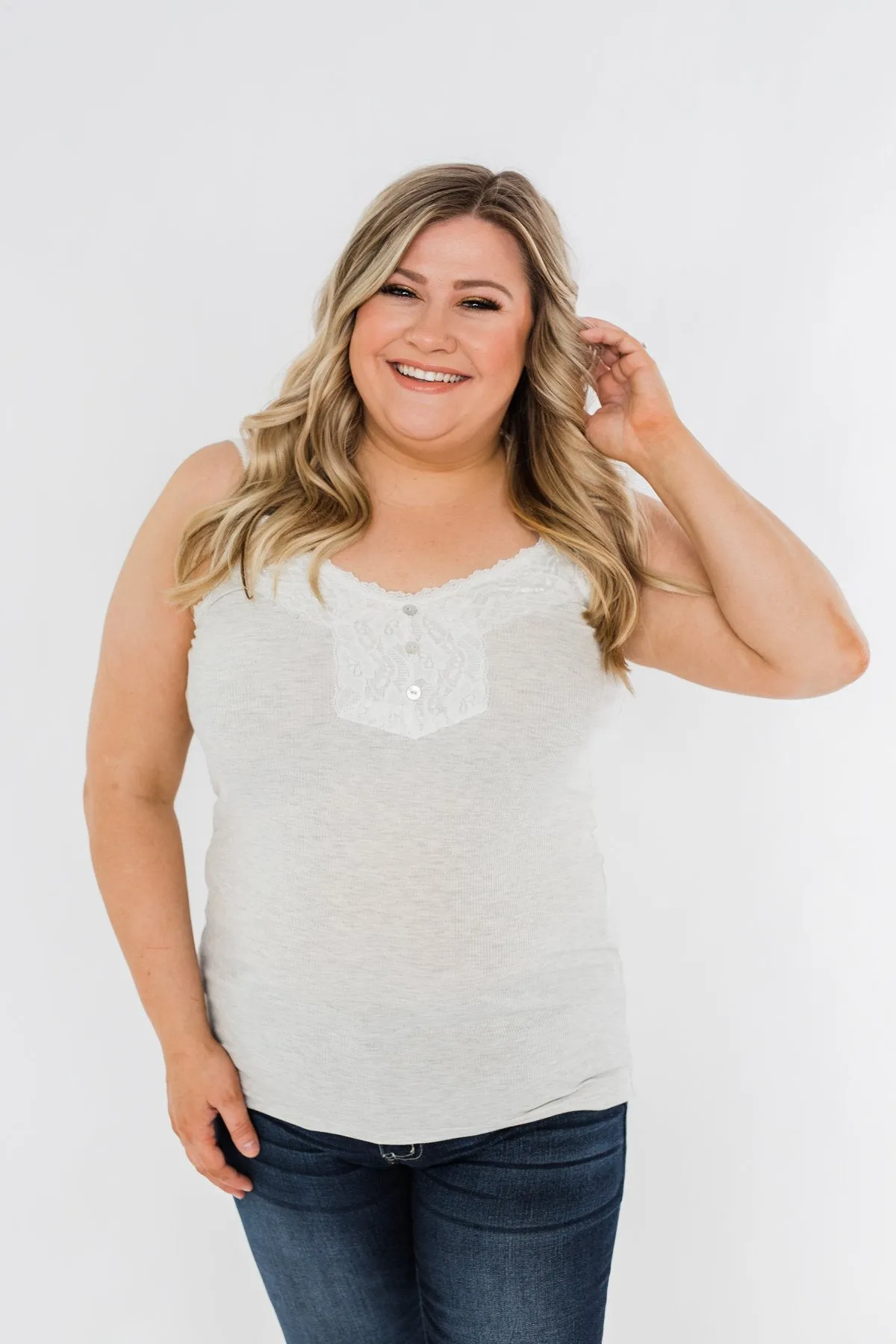 Pulse Basics Lace Trim Button Tank- Light Heather Grey