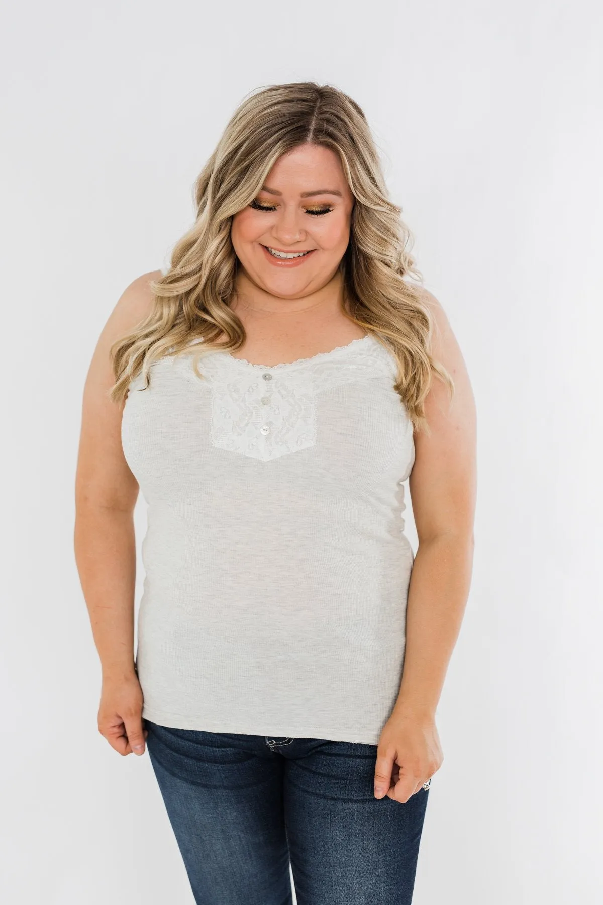 Pulse Basics Lace Trim Button Tank- Light Heather Grey