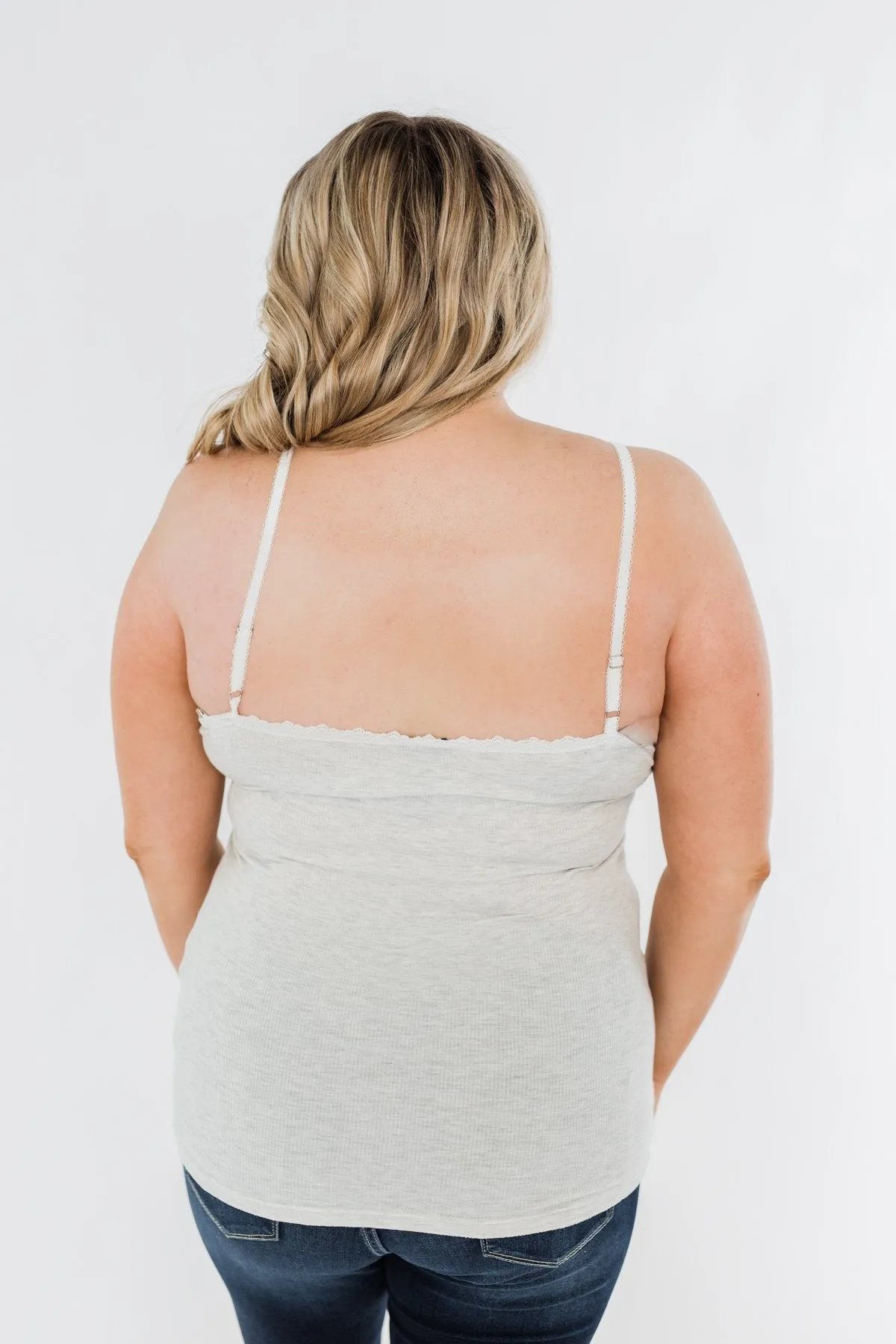 Pulse Basics Lace Trim Button Tank- Light Heather Grey