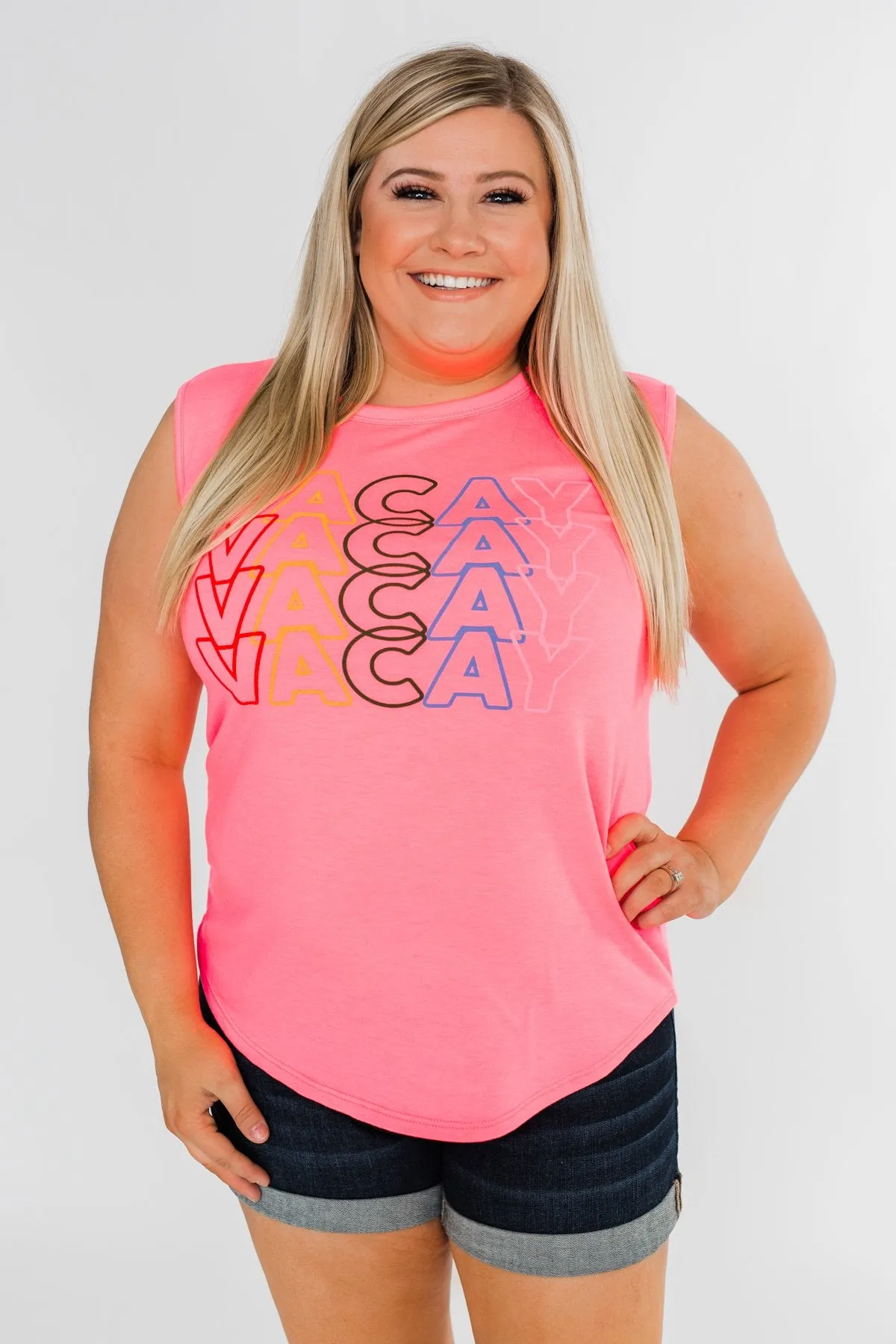 "Vacay" Graphic Tank Top- Neon Pink
