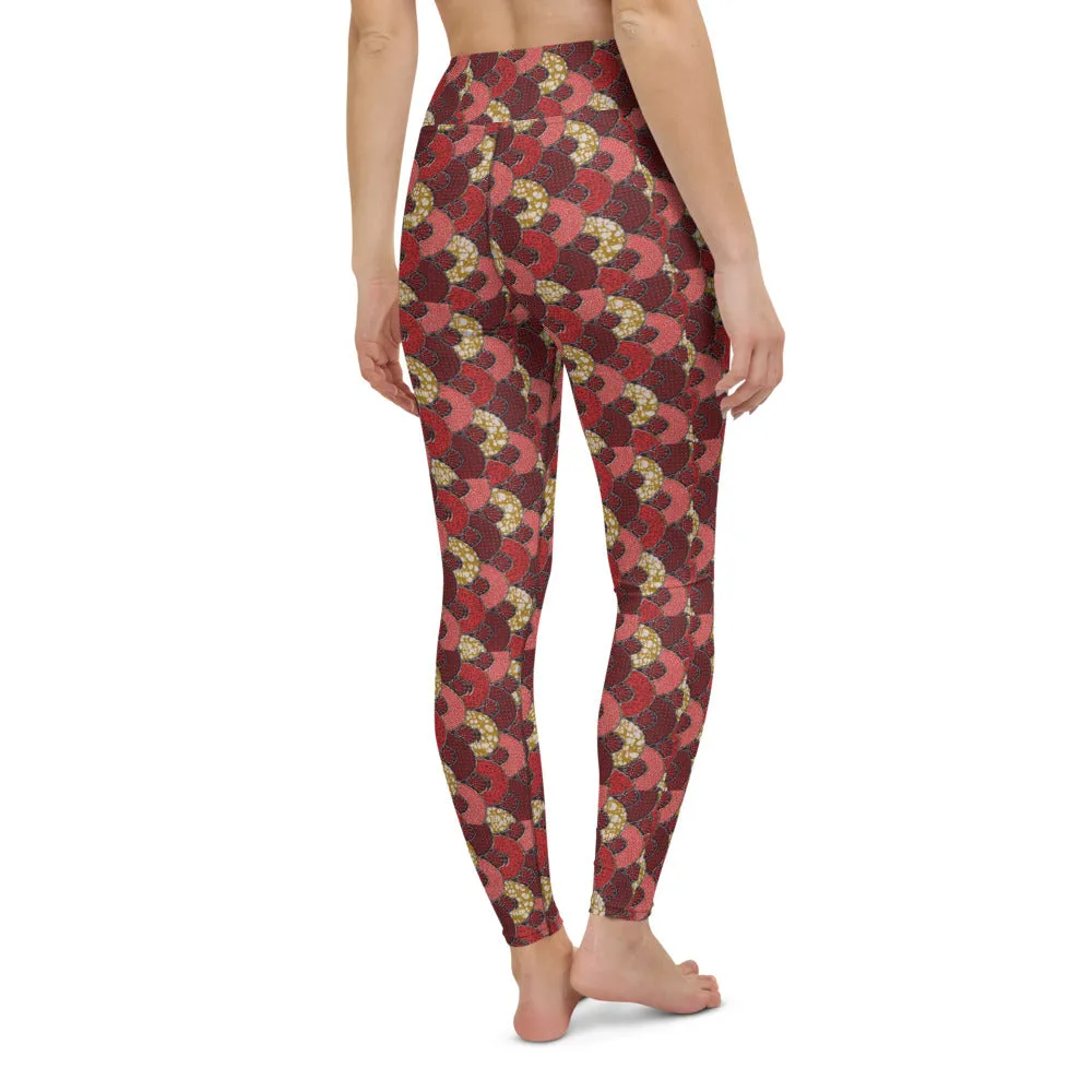 Red Mustard Scalloped African Print Yoga Leggings