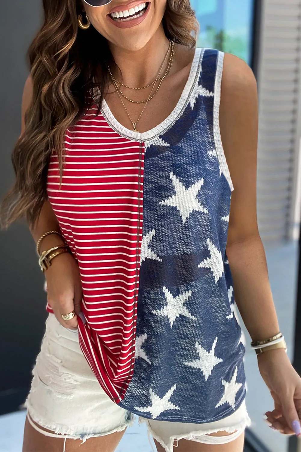 Red Stripes and Stars Flag Tank Top