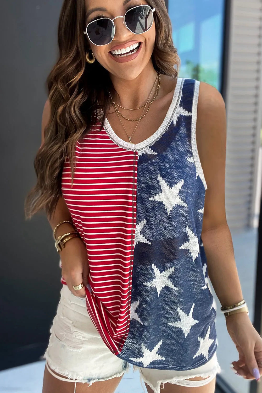 Red Stripes and Stars Flag Tank Top