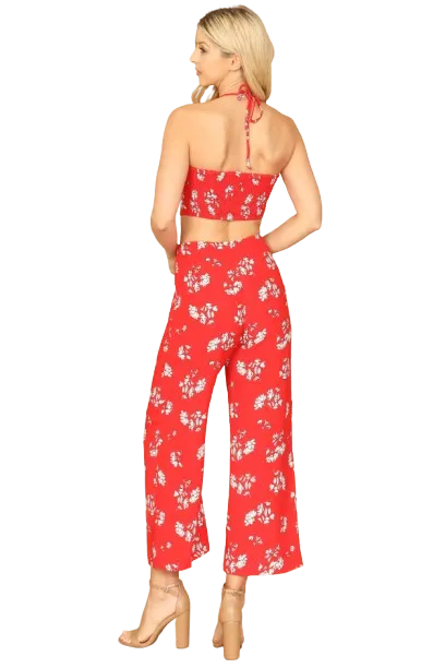 Red White Spaghetti Strap Floral Crop Top and Pants Set - Pack of 5