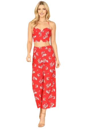 Red White Spaghetti Strap Floral Crop Top and Pants Set - Pack of 5