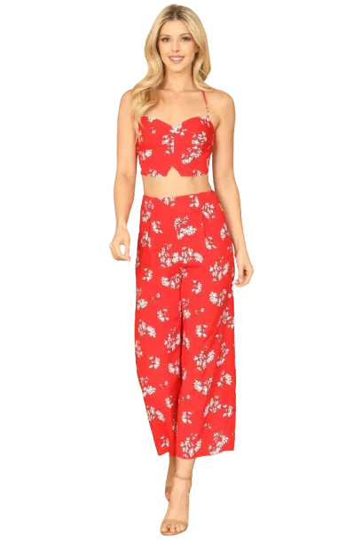 Red White Spaghetti Strap Floral Crop Top and Pants Set - Pack of 5