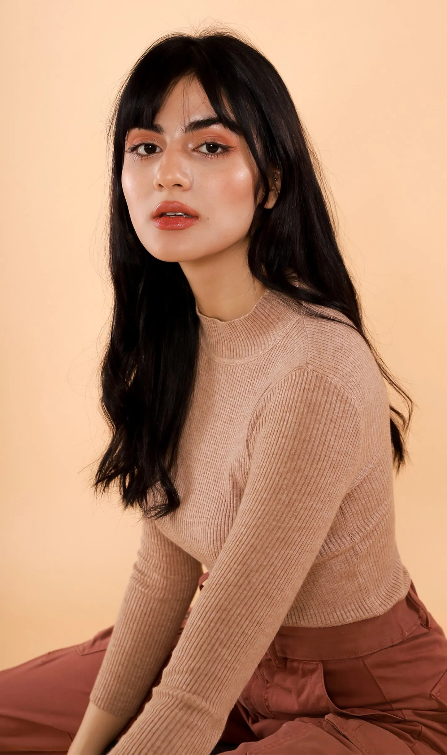 ROUX Mock-Neck Long-Sleeve Knit Top (Tan)