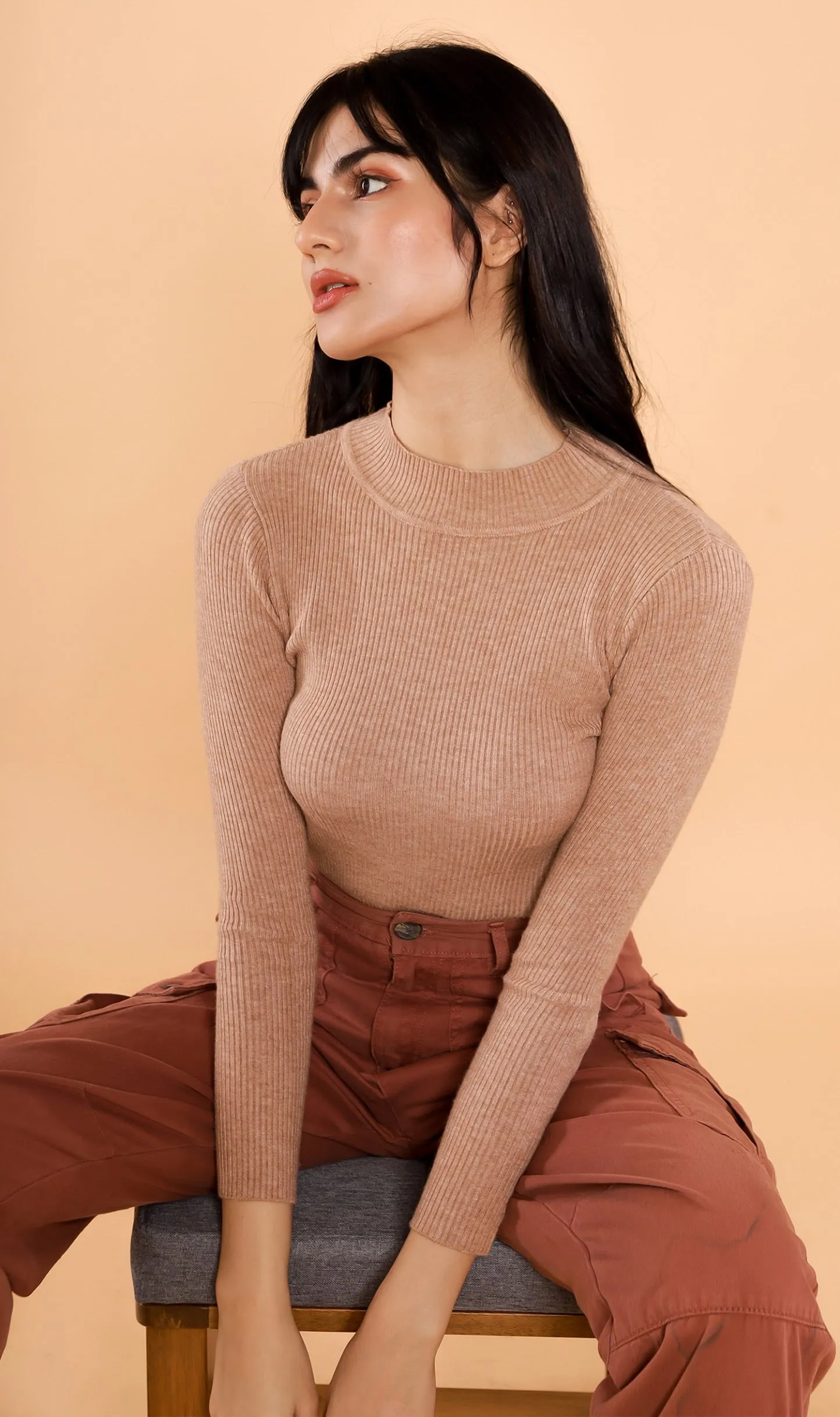 ROUX Mock-Neck Long-Sleeve Knit Top (Tan)