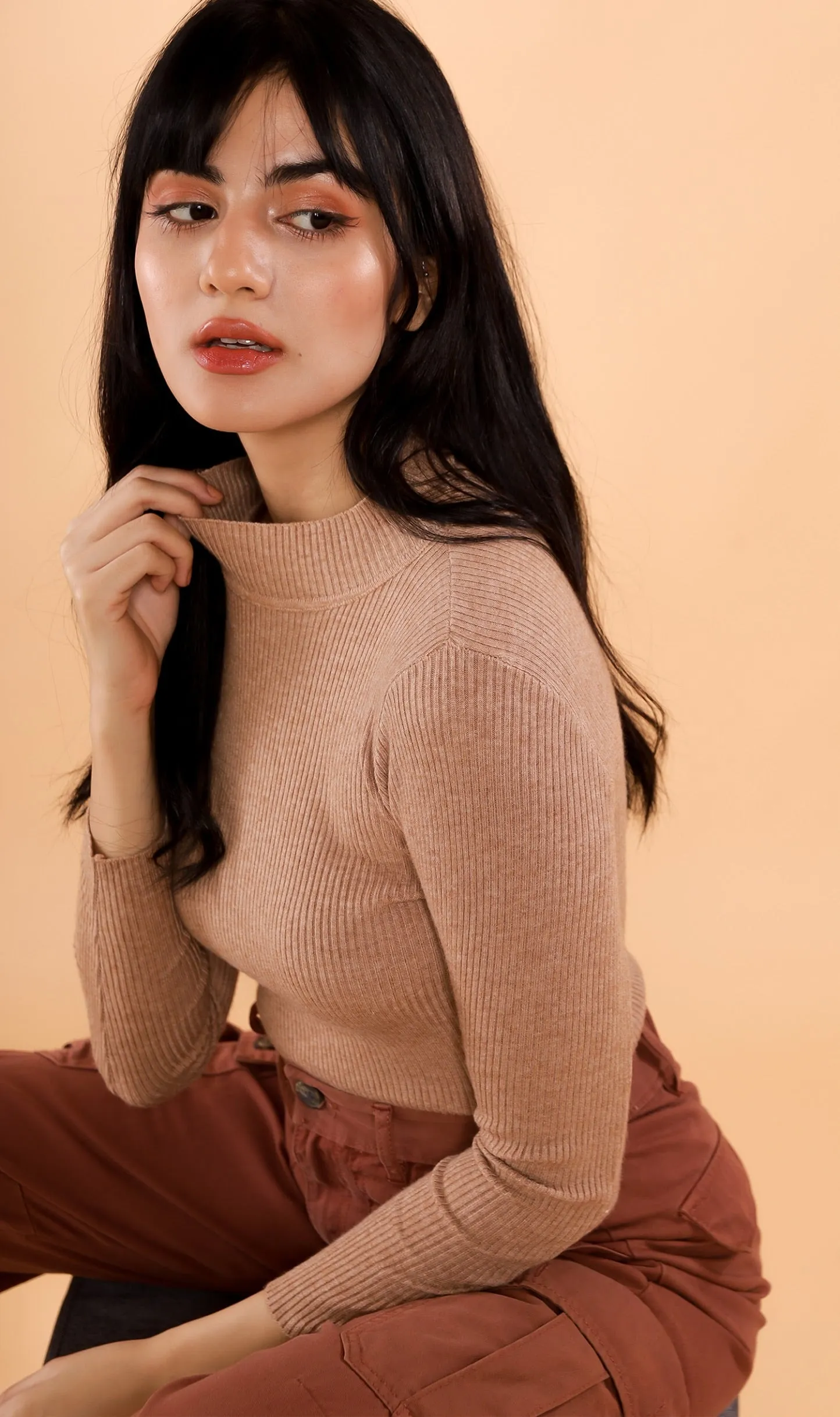 ROUX Mock-Neck Long-Sleeve Knit Top (Tan)