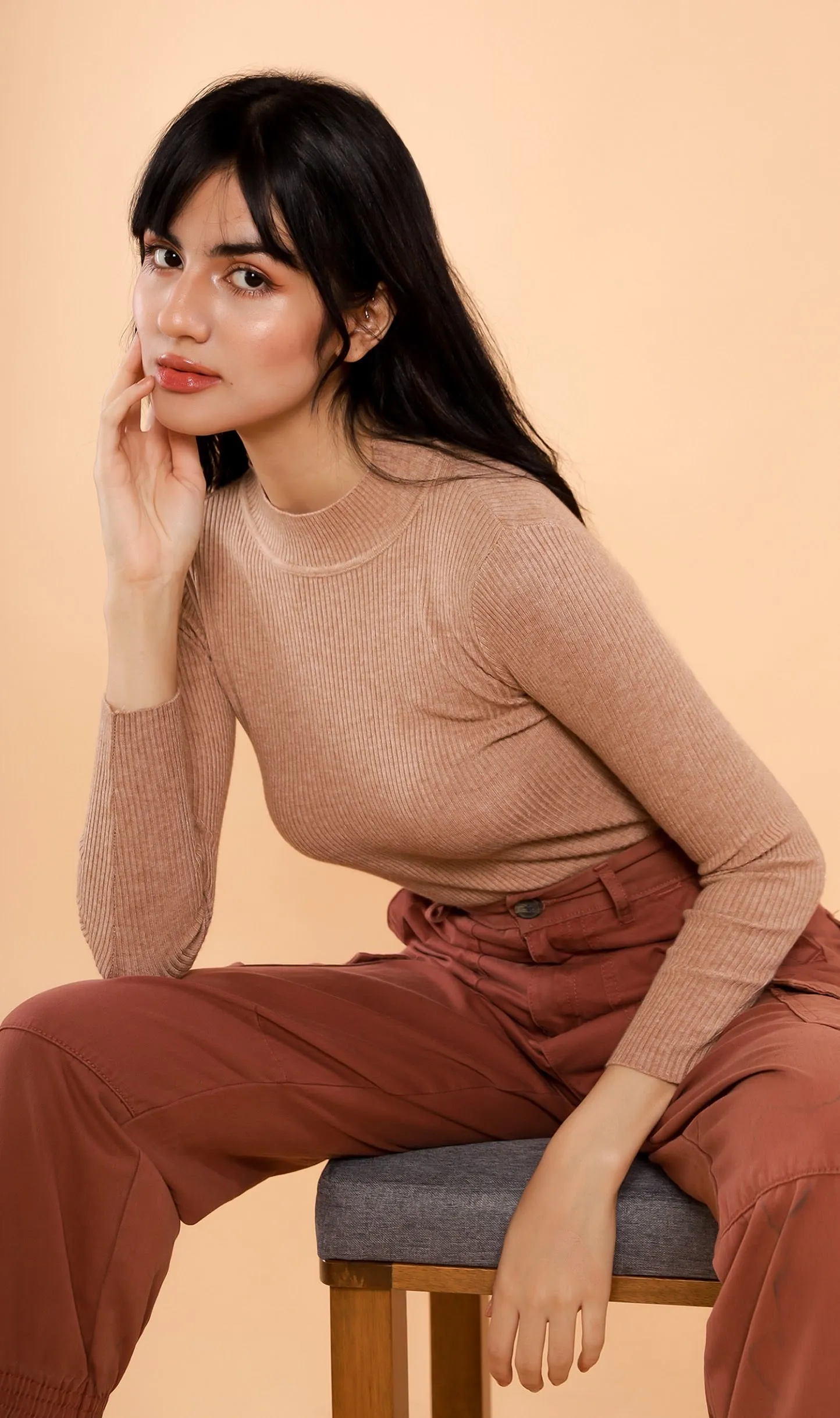 ROUX Mock-Neck Long-Sleeve Knit Top (Tan)