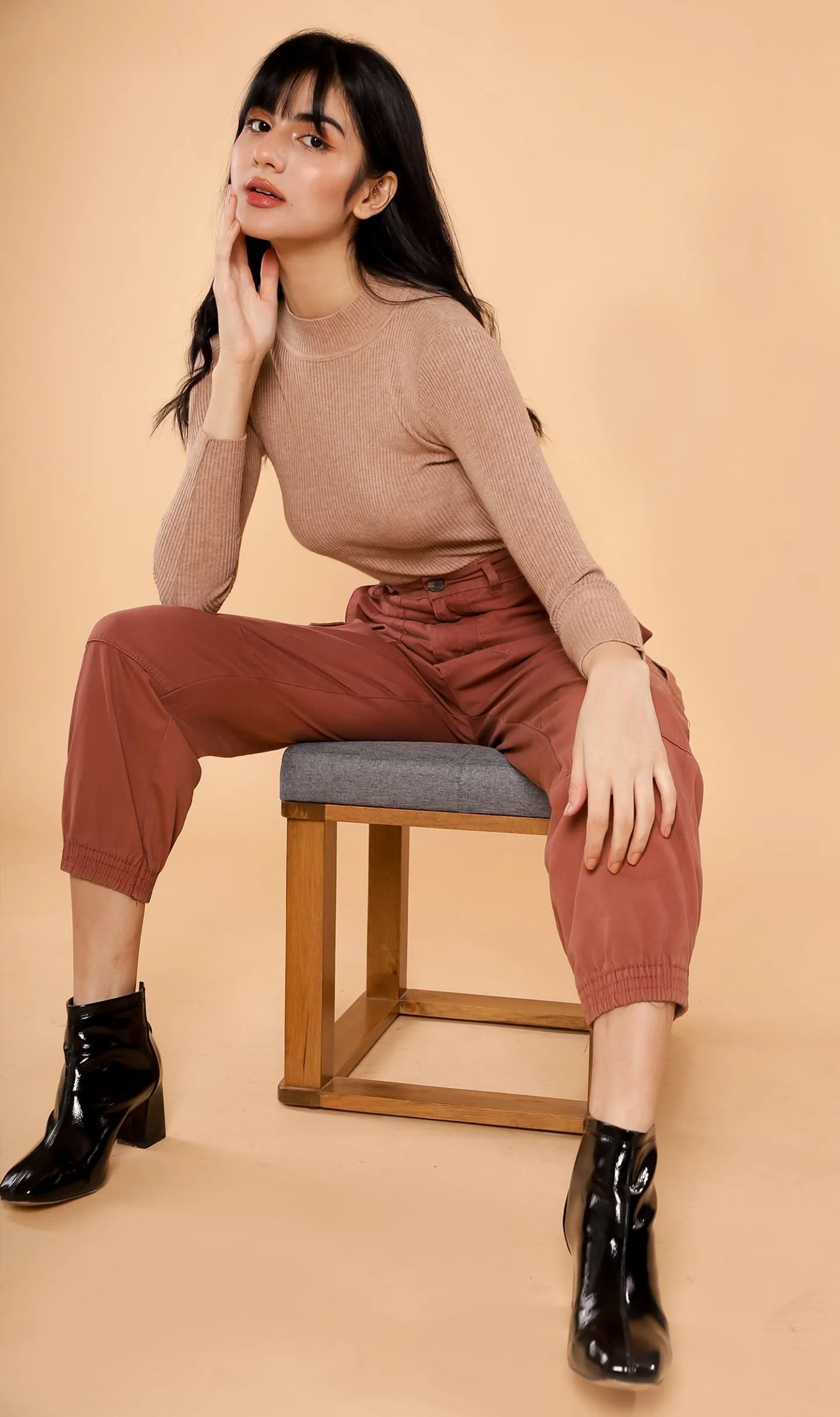 ROUX Mock-Neck Long-Sleeve Knit Top (Tan)