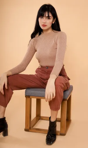 ROUX Mock-Neck Long-Sleeve Knit Top (Tan)