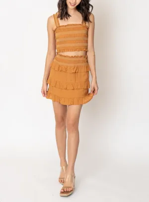 Ruffle It Up Shirred Cropped Tank And Skirt Set In Dusty Orange