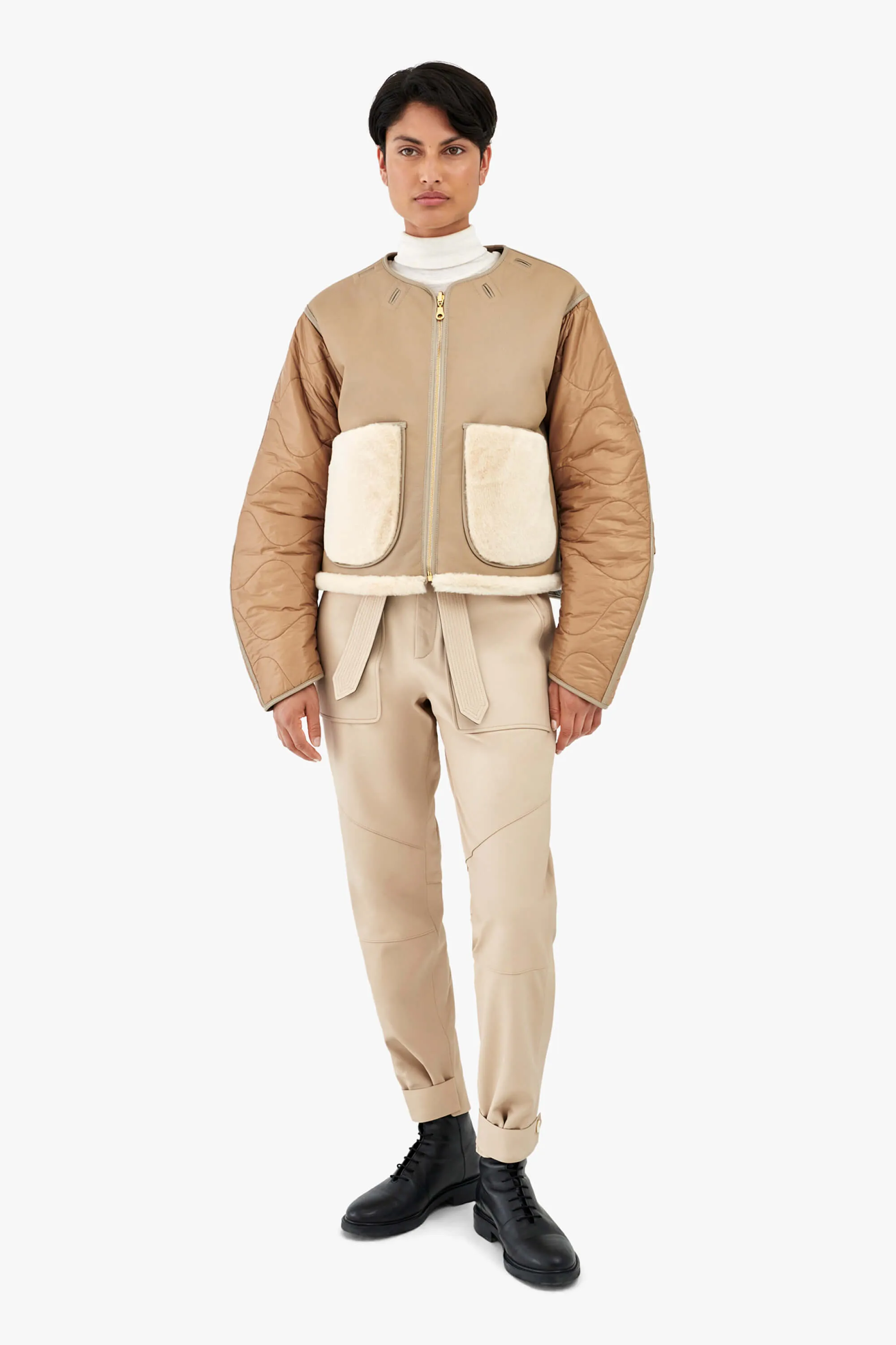 Shearling Cropped Aviator Quilt Jacket - Taupe / Blush