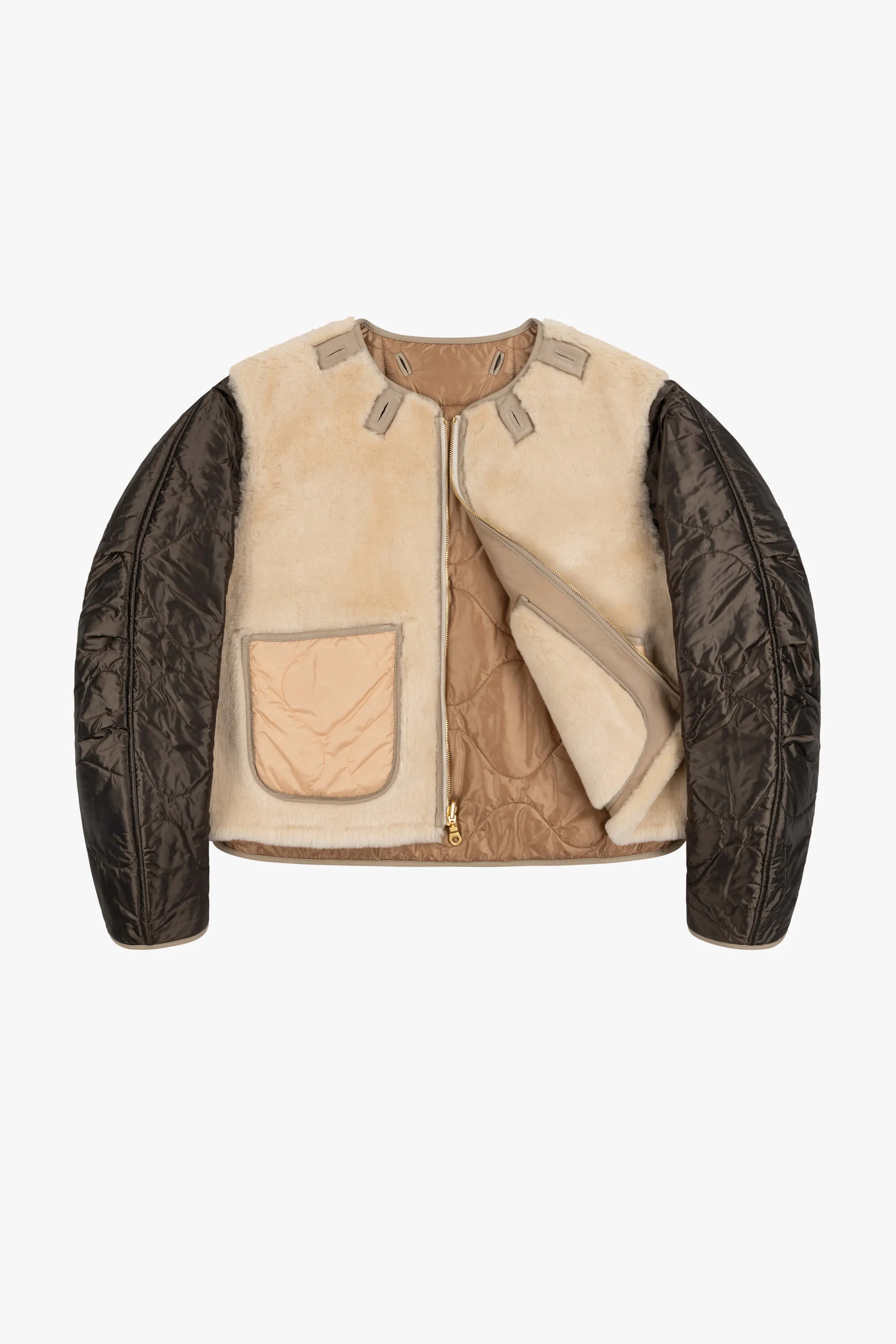 Shearling Cropped Aviator Quilt Jacket - Taupe / Blush