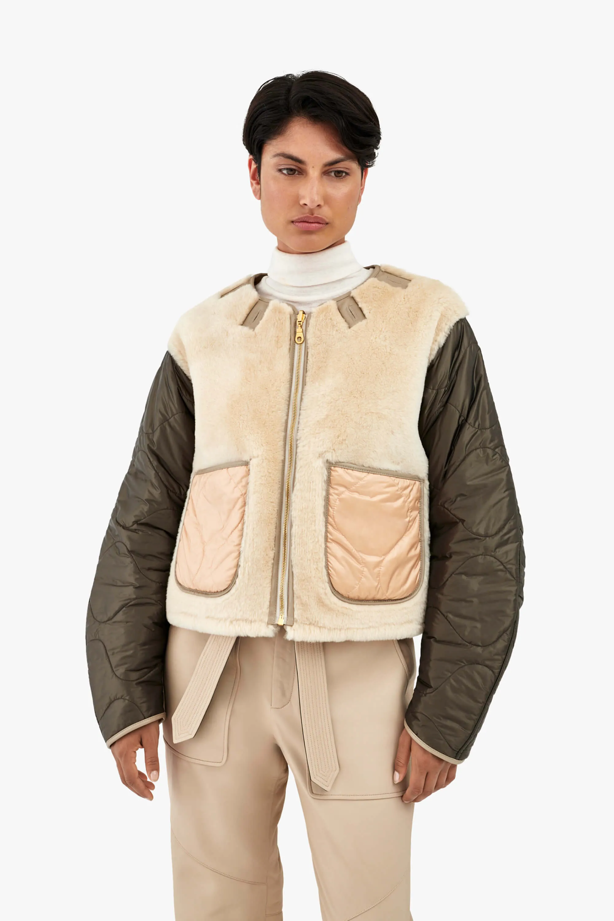 Shearling Cropped Aviator Quilt Jacket - Taupe / Blush