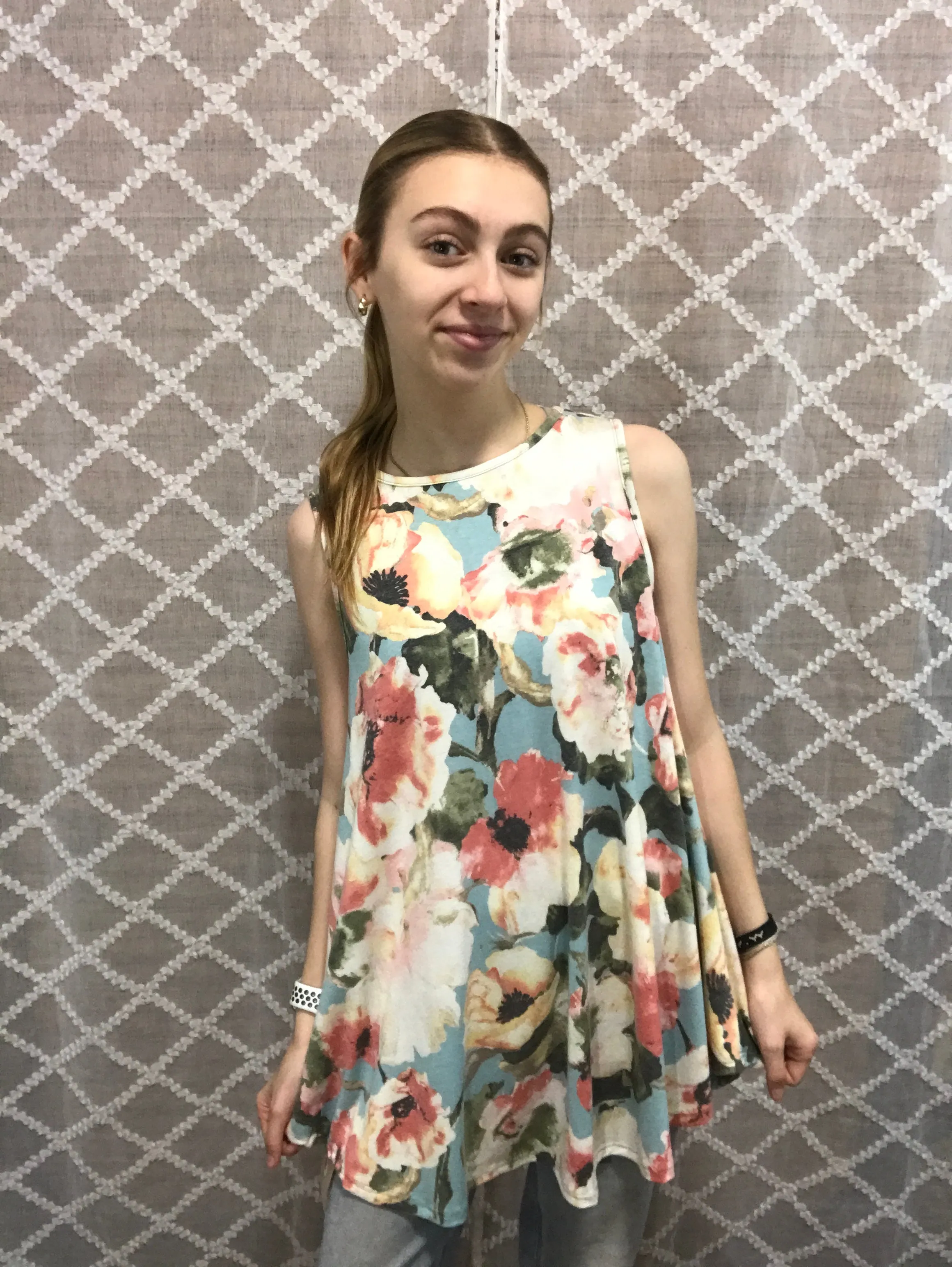 Sky Blue Tank w/Ivory and Pink Flowers