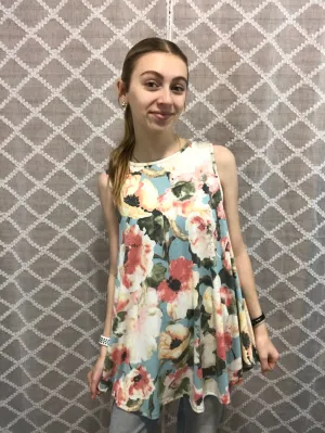 Sky Blue Tank w/Ivory and Pink Flowers