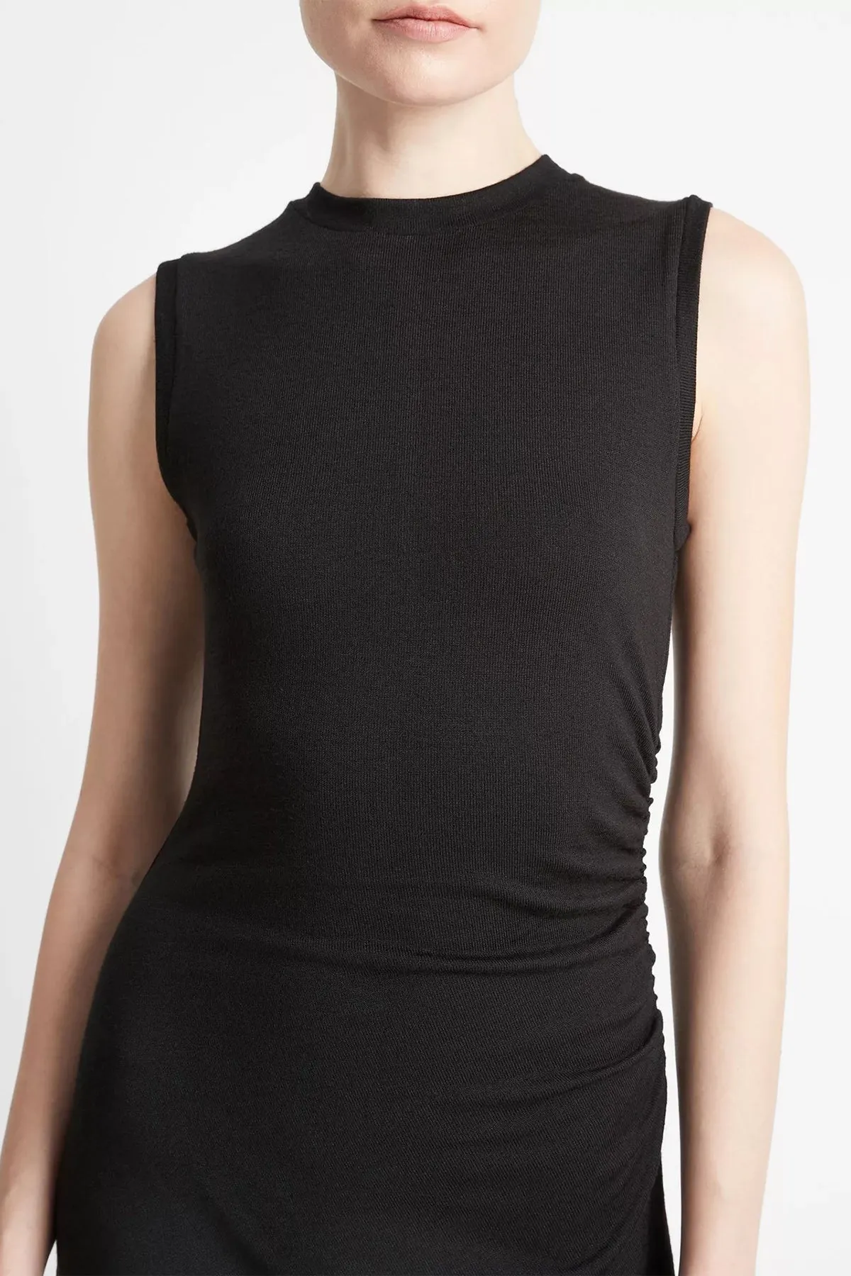 Sleeveless Gathered-Waist Dress in Black