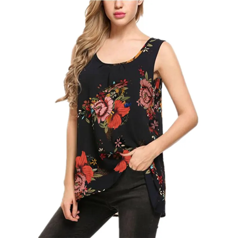 Sleeveless Round Neck Print Pullover Loose T-shirt