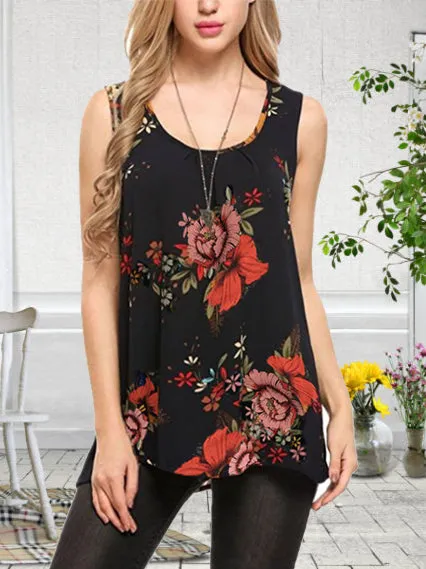 Sleeveless Round Neck Print Pullover Loose T-shirt