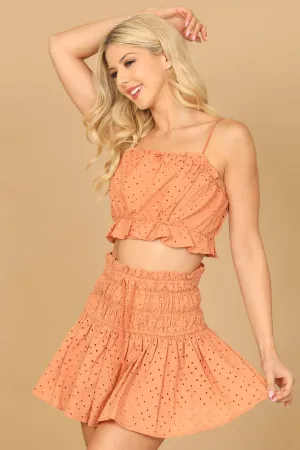 SPAGHETTI STRAP RUFFLE EYELET TOP SMOCKED SKIRT