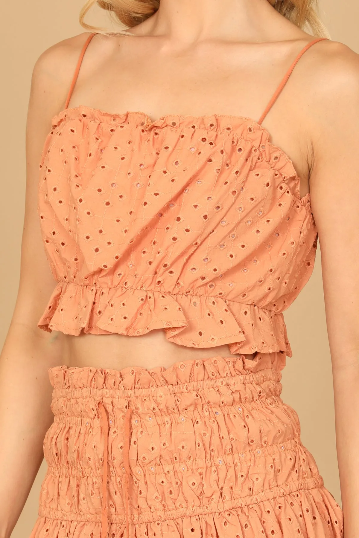 SPAGHETTI STRAP RUFFLE EYELET TOP SMOCKED SKIRT