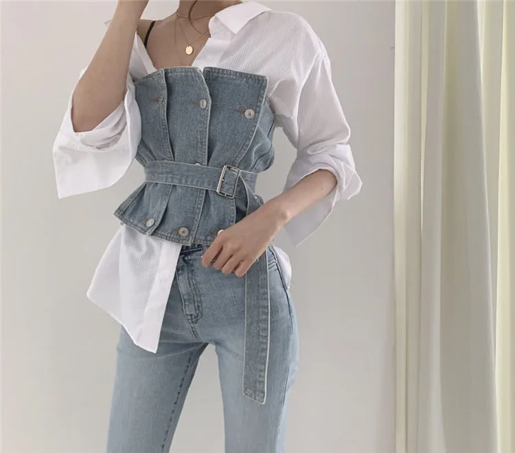 Strapless Denim Tank  Tube Top Tops With Belt